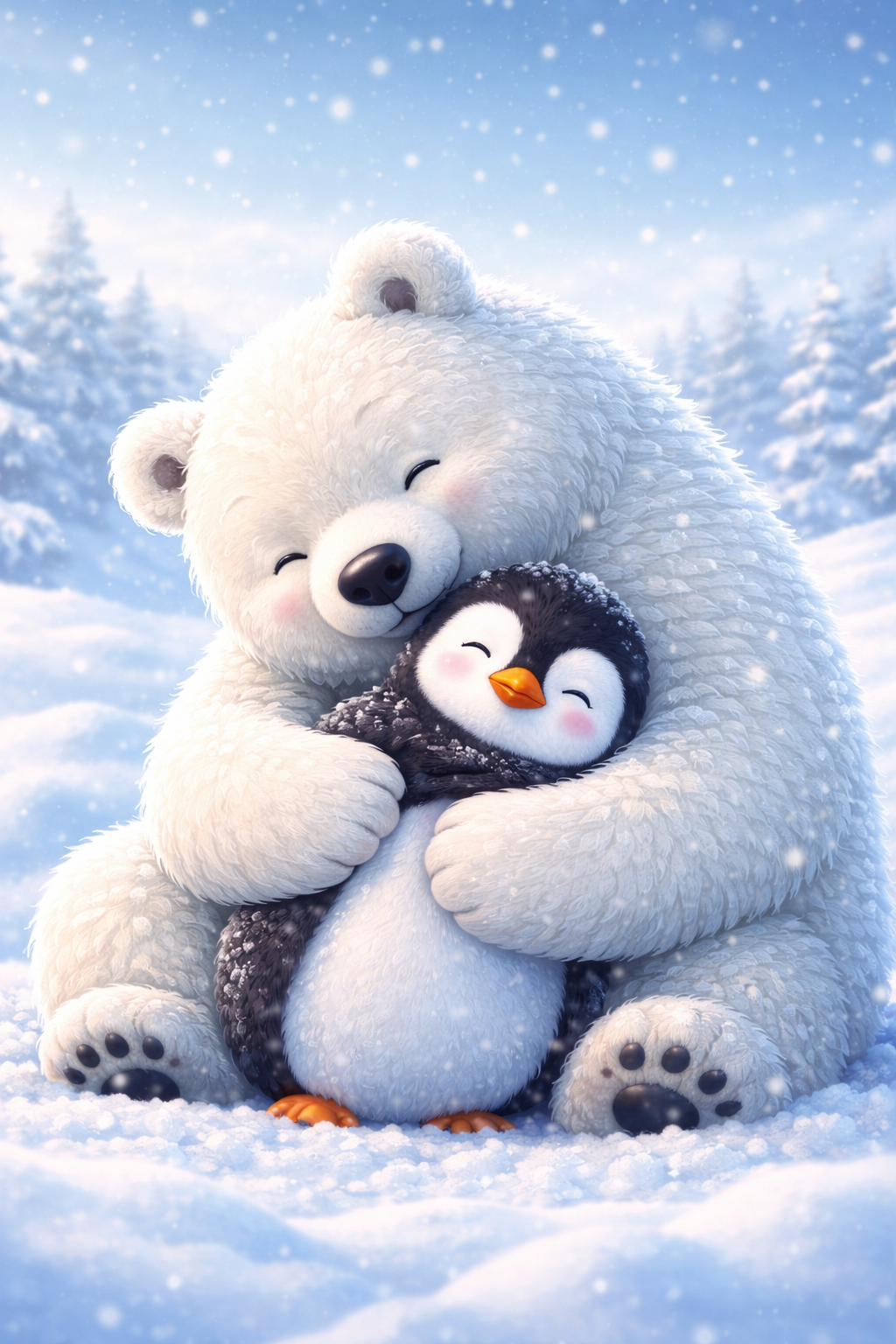 Eisbär umarmt Pinguin